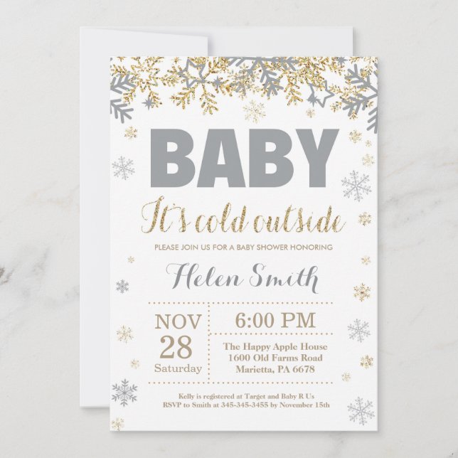 Baby its Cold Outside Gold and Grey Baby Shower Invitation (Front)