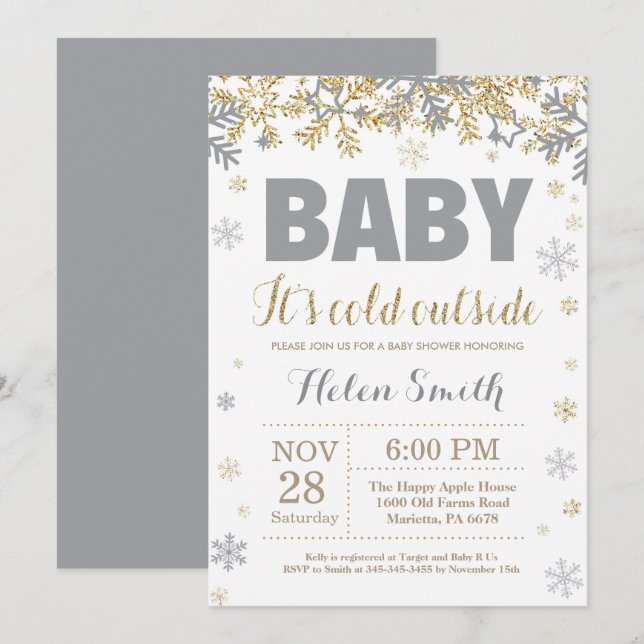 Baby its Cold Outside Gold and Grey Baby Shower Invitation (Front/Back)