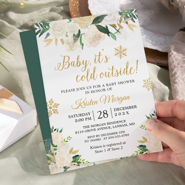 Baby Its Cold Outside Gold Floral Baby Shower Invitation (Creator Uploaded)