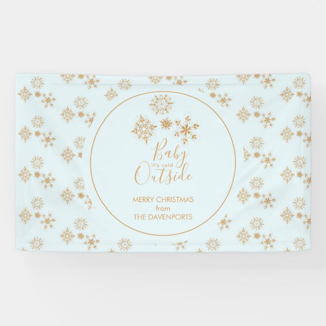 Baby it's Cold Outside Gold Snowflakes on Blue Banner (Horizontal)