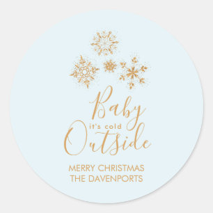 Baby it's Cold Outside Gold Snowflakes on Blue Classic Round Sticker