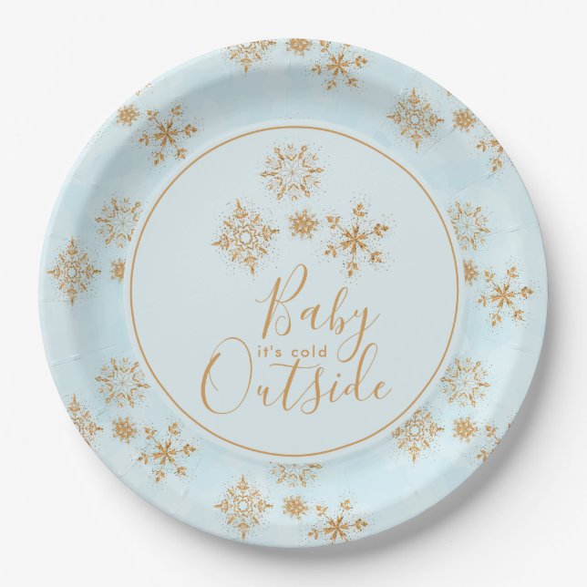 Baby it's Cold Outside Gold Snowflakes on Blue Paper Plate (Front)