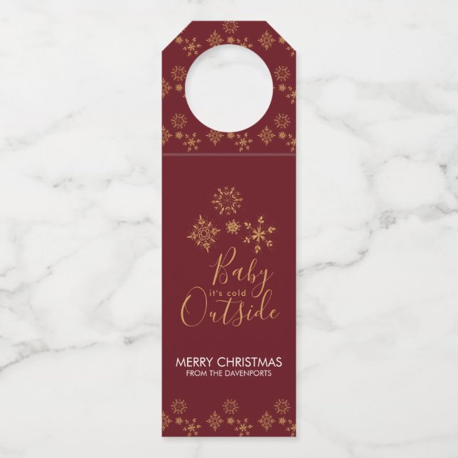 Baby it's Cold Outside Golden Snowflakes Bottle Tag (Front)