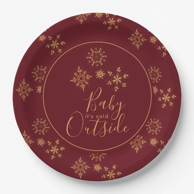 Baby it's Cold Outside Golden Snowflakes Paper Plate (Front)