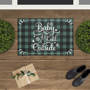 Baby Its Cold Outside Green Buffalo Plaid Holiday Doormat