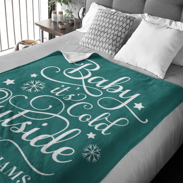 Baby Its Cold Outside Green Script Family Holiday Fleece Blanket (Creator Uploaded)