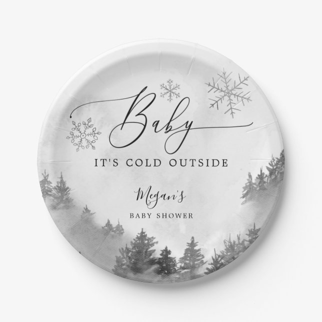 Baby It's Cold Outside Grey Snowflakes Shower  Paper Plate (Front)