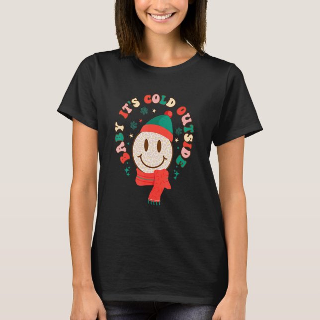 Baby It's Cold Outside Groovy Vibes Smiling Santa  T-Shirt (Front)