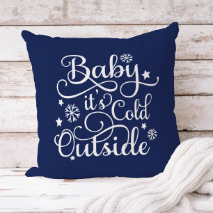 Baby Its Cold Outside Navy Blue Script Holiday Cushion