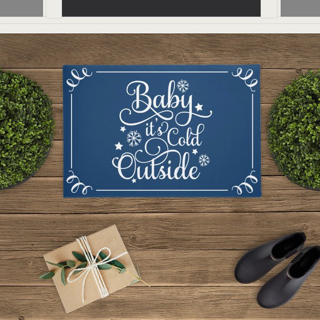 Baby Its Cold Outside Navy Blue Script Holiday Doormat (Creator Uploaded)
