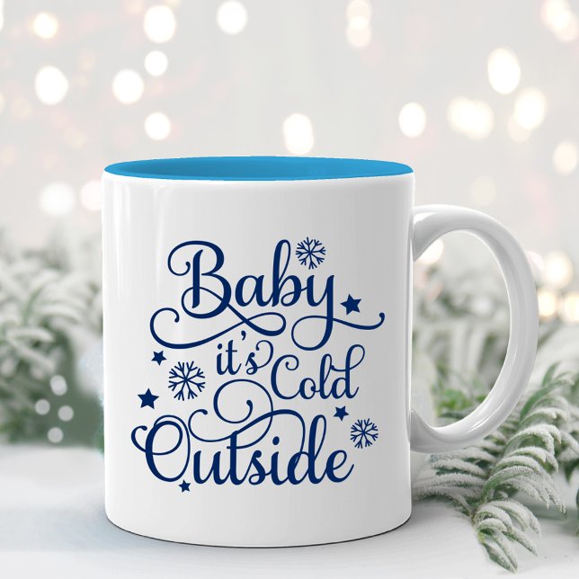 Baby Its Cold Outside Navy Script Holiday Two-Tone Coffee Mug (Creator Uploaded)