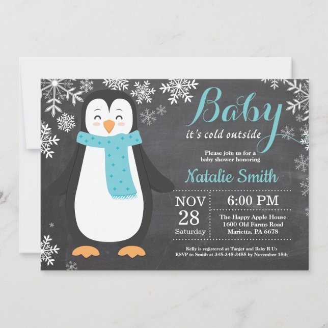 Baby its Cold Outside Penguin Aqua Baby Shower Invitation (Front)
