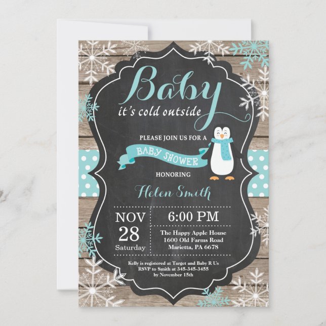 Baby its Cold Outside Penguin Aqua Baby Shower Invitation (Front)