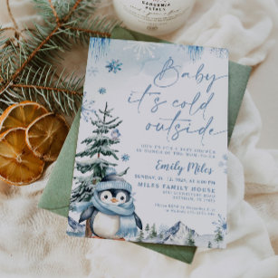 Baby it's cold outside, Penguin Blue baby shower  Invitation