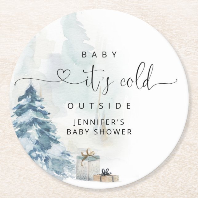 Baby its cold outside pine trees baby shower round paper coaster (Front)