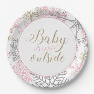 Baby It's Cold Outside pink and gold Snowflake Paper Plate