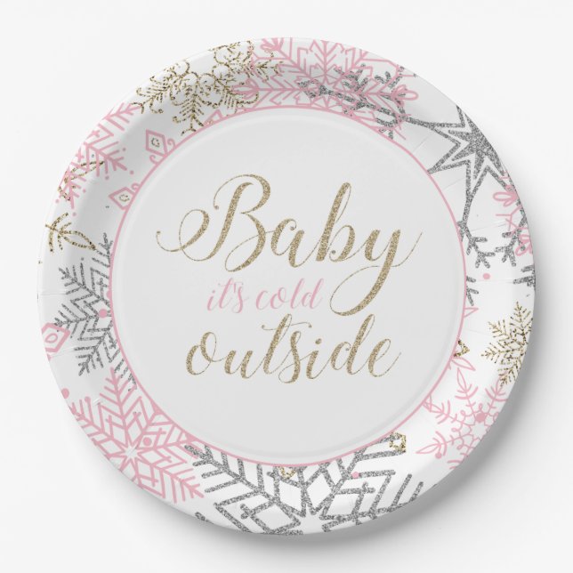 Baby It's Cold Outside pink and gold Snowflake Paper Plate (Front)