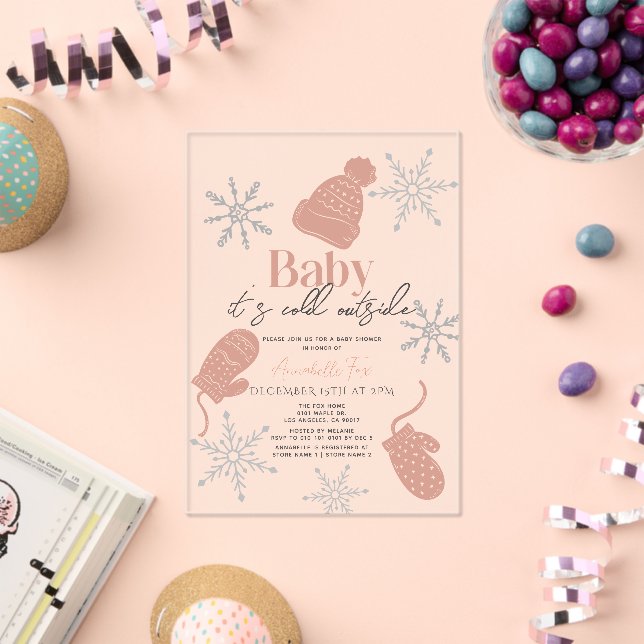 Baby It's Cold Outside Pink Beanie Baby Shower Acrylic Invitations (Insitu (Celebration))