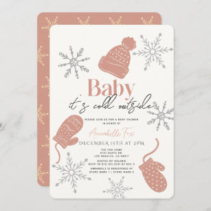 Baby Its Cold Outside Pink Beanie Girl Baby Shower Invitation