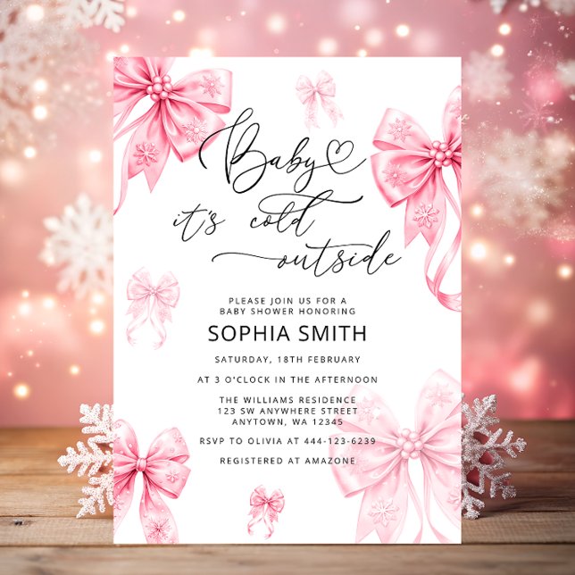 Baby It's Cold Outside Pink Bow Baby Shower Invitation (Creator Uploaded)