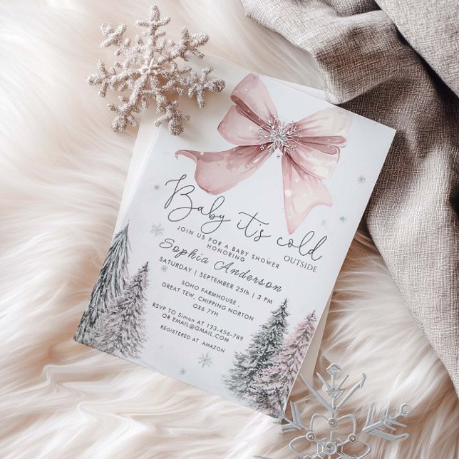 Baby It's Cold Outside Pink Bow Baby Shower Invitation (Creator Uploaded)