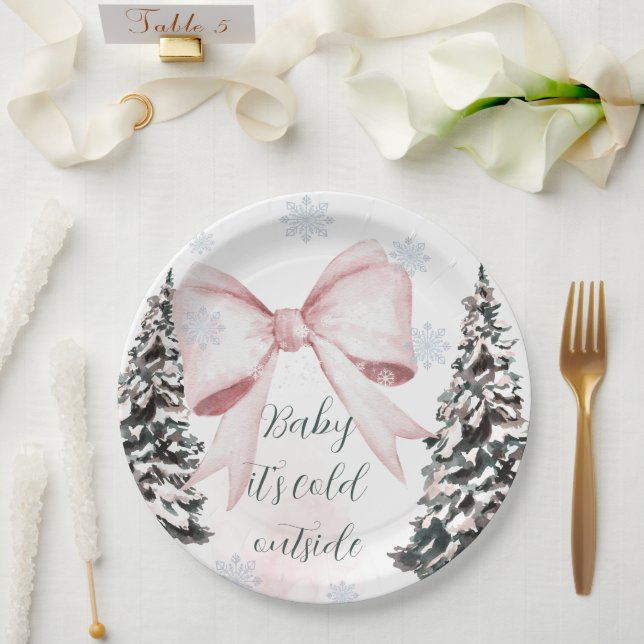 Baby It's Cold Outside Pink Bow Baby Shower Paper Plate (Wedding)