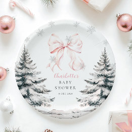 Baby It's Cold Outside Pink Bow Baby Shower Paper Plate