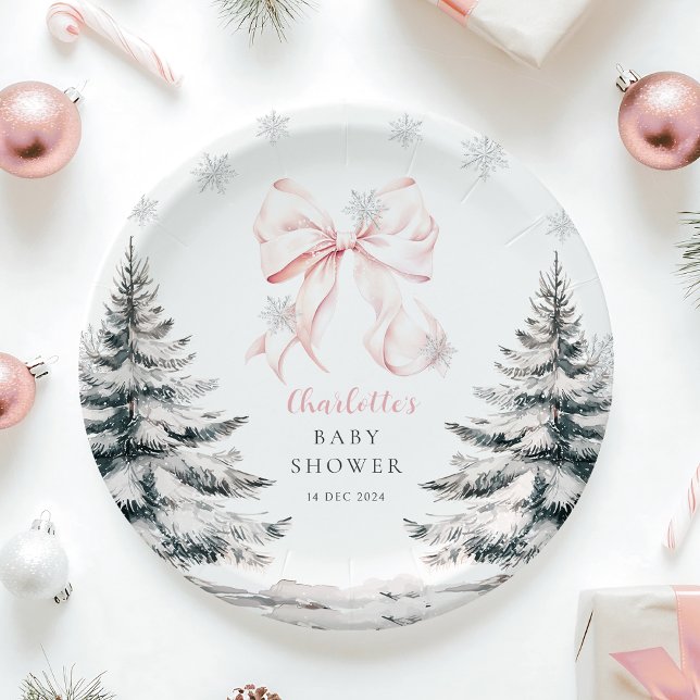 Baby It's Cold Outside Pink Bow Baby Shower Paper Plate (Creator Uploaded)