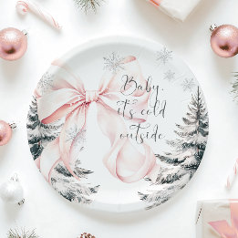 Baby It's Cold Outside Pink Bow Baby Shower Paper Plate