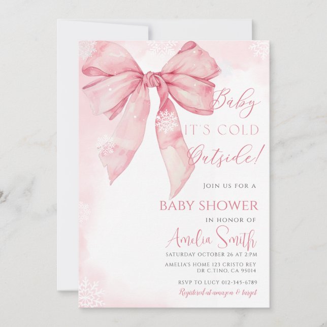 Baby It's Cold Outside Pink Bow Girl Baby Shower Invitation (Front)