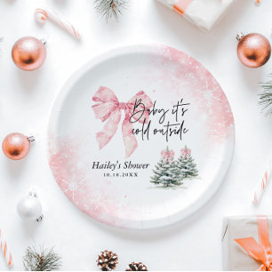 Baby Its Cold Outside, Pink Bow Winter Baby Shower Paper Plate