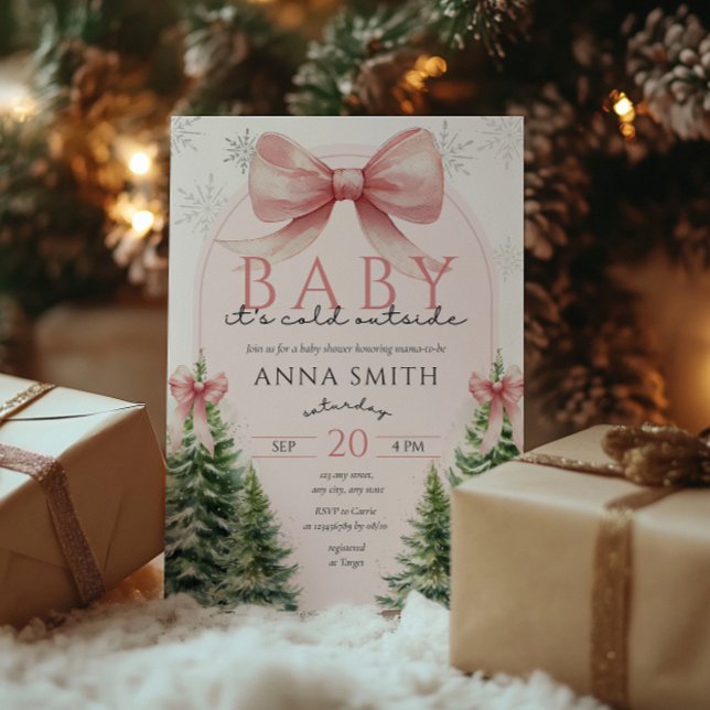 Baby It's Cold Outside Pink Christmas Winter Girl Invitation (Baby It's cold outside baby shower invitation christmas, winter wonderland, girl pink bow coquette)