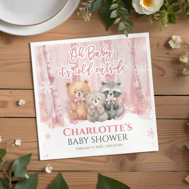 Baby it's cold outside Pink Forest Baby Shower  Napkin (Creator Uploaded)