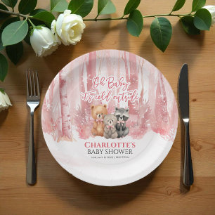 Baby it's cold outside Pink Forest Baby Shower  Paper Plate