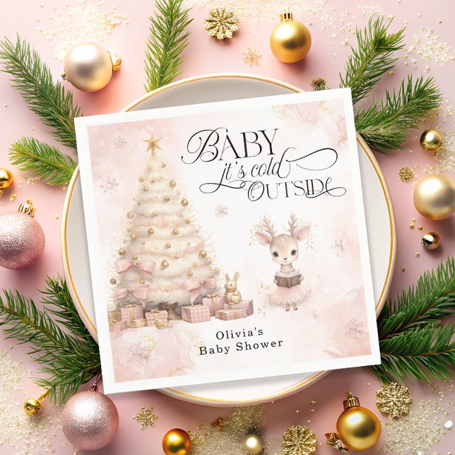 Baby it's Cold Outside Pink Girl Deer Baby Shower Napkin (Creator Uploaded)