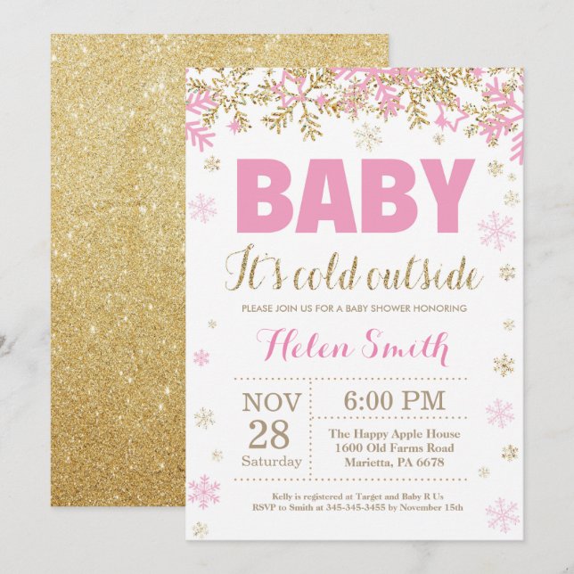 Baby its Cold Outside Pink Gold Girl Baby Shower Invitation (Front/Back)