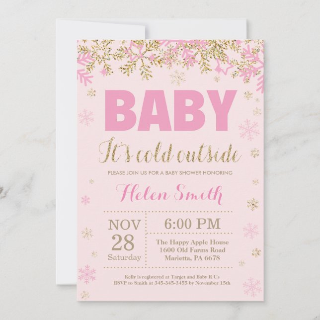 Baby its Cold Outside Pink Gold Girl Baby Shower Invitation (Front)