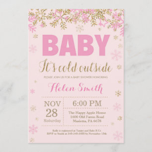 Baby its Cold Outside Pink Gold Girl Baby Shower Invitation