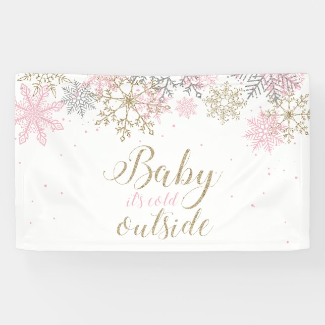 Baby It's Cold Outside pink gold glitter snowflake Banner (Horizontal)