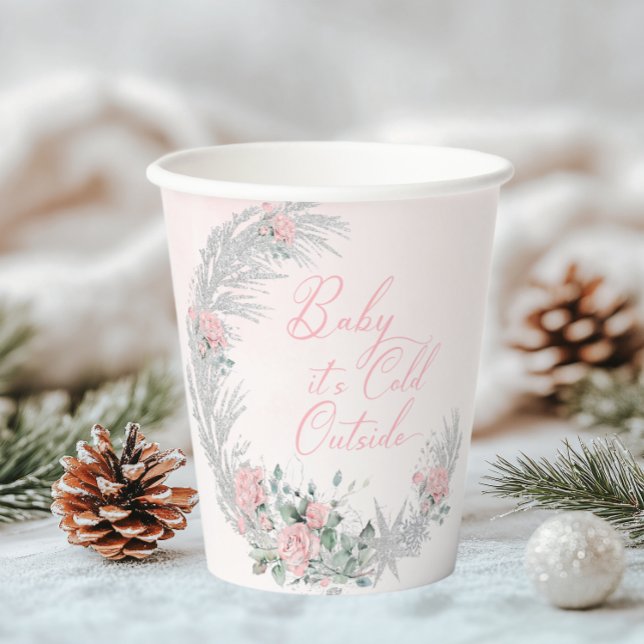 Baby its cold outside Pink Silver Baby Shower Paper Cups (Creator Uploaded)