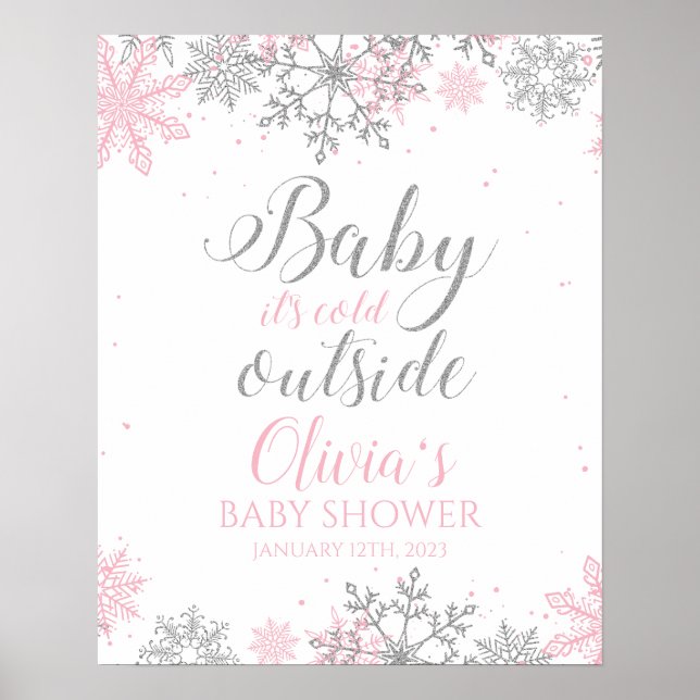 Baby It's Cold Outside Pink Silver Baby Shower Poster (Front)