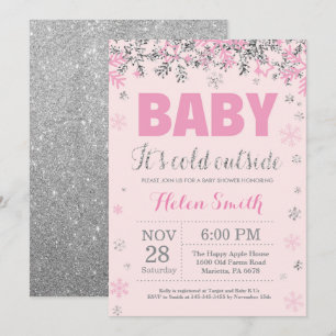 Baby its Cold Outside Pink Silver Girl Baby Shower Invitation