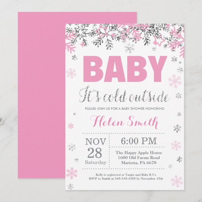 Baby its Cold Outside Pink Silver Girl Baby Shower Invitation (Front/Back)
