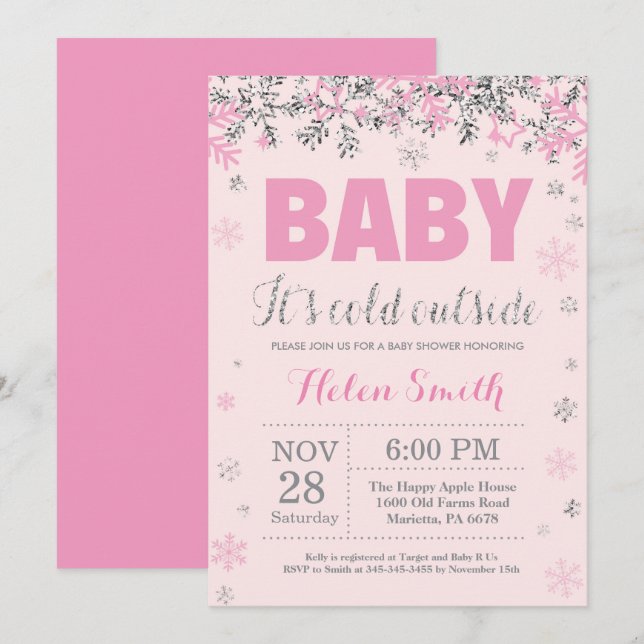 Baby its Cold Outside Pink Silver Girl Baby Shower Invitation (Front/Back)