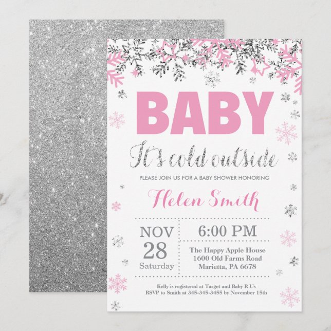Baby its Cold Outside Pink Silver Girl Baby Shower Invitation (Front/Back)