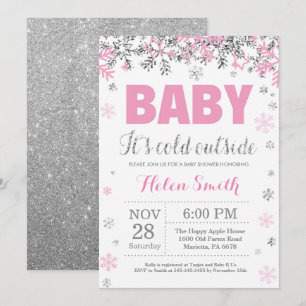 Baby its Cold Outside Pink Silver Girl Baby Shower Invitation