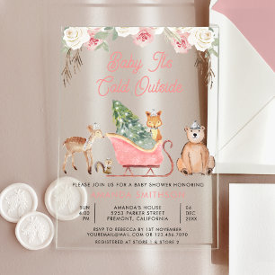 Baby It's Cold Outside Pink Sleigh Baby Shower Acrylic Invitations
