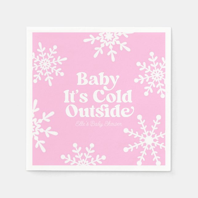 Baby It's Cold Outside Pink Snowflake Baby Shower Napkin (Front)