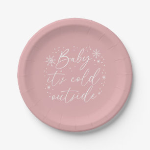 Baby It's Cold Outside Pink Snowflake Baby Shower Paper Plate