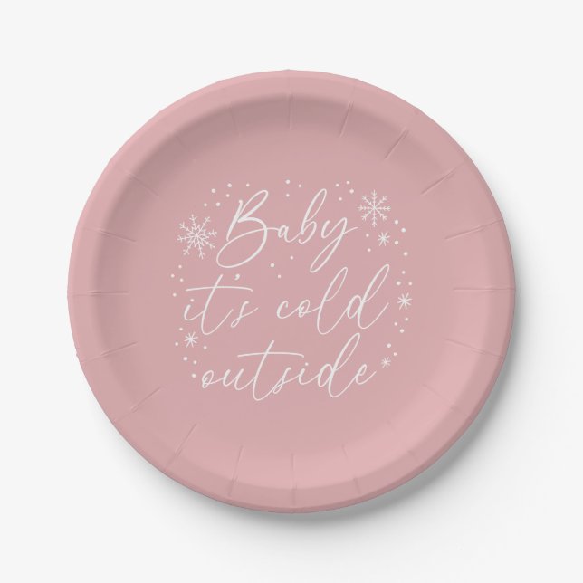 Baby It's Cold Outside Pink Snowflake Baby Shower Paper Plate (Front)
